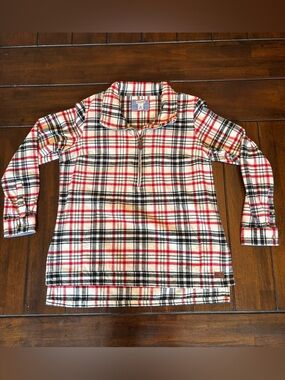 L.L. Bean Red Black Cream Plaid Half Zip-Up Fleece Pullover Women’s Medium